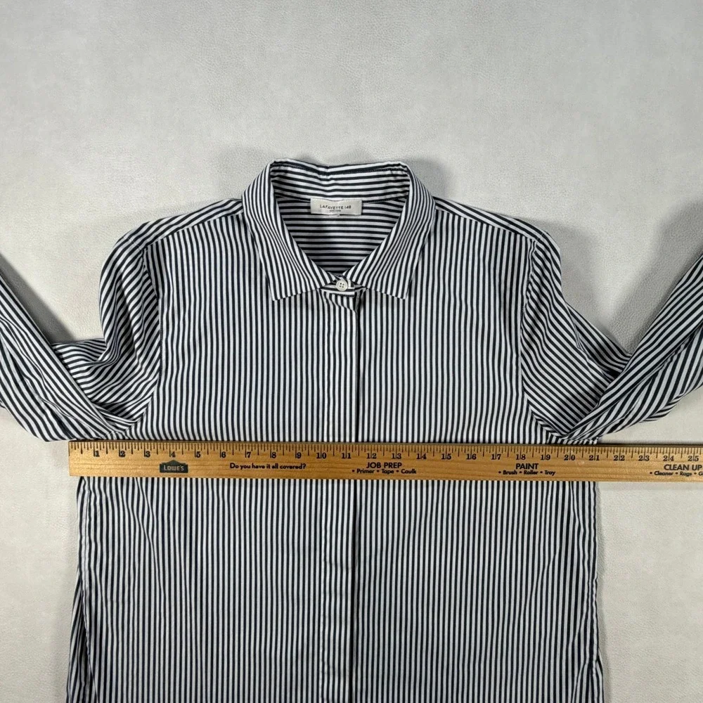 Lafayette 148 New York Womens Navy White Striped Button Down Shirt Large - Picture 5 of 16
